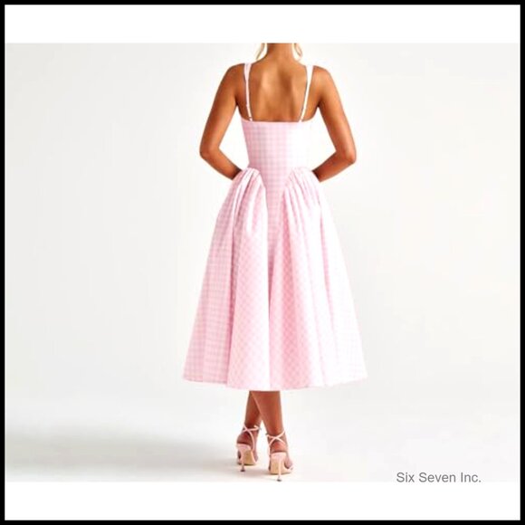 Long Gingham Corset Sundress Square Neck Lace Up Backless A Line Casual - Picture 6 of 7